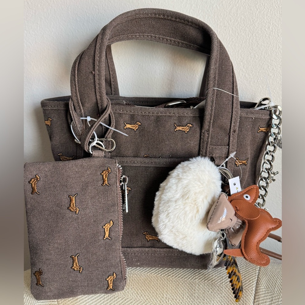 Madden Girl Dachshund Mini Tote Bag with Charms Color Brown NWT